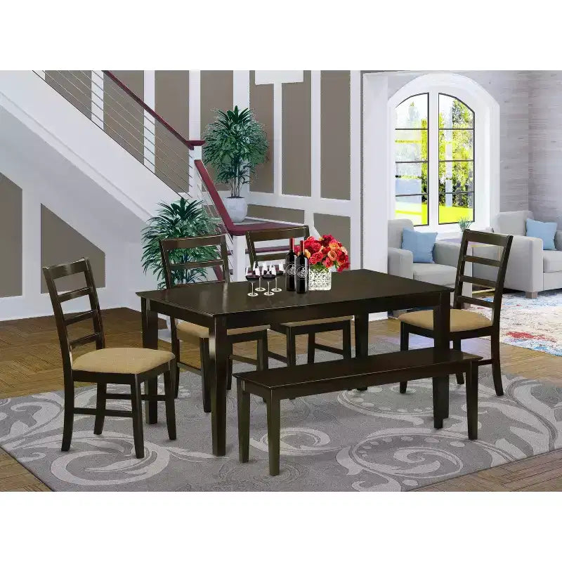 HomeStock 6-teiliges Esszimmerset, Esstisch mit massiver Holzplatte in Cappuccino-Finish, mit 1 Bank und 4 Stühlen