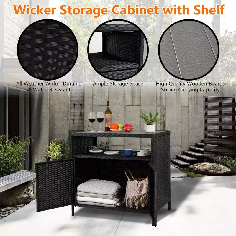 Aufbewahrungsschrank aus Harzgeflecht, vielseitiger Outdoor-/Indoor-Organizer mit geräumiger Tischplatte und Ablage, ideal für Terrasse, Garten, Pool oder Küche