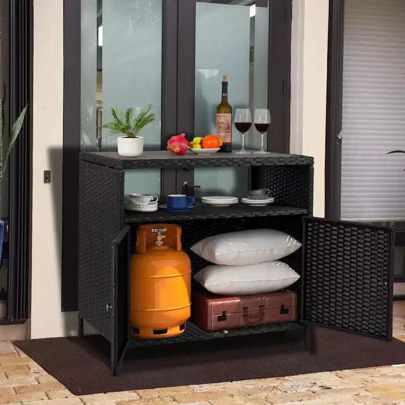 Aufbewahrungsschrank aus Harzgeflecht, vielseitiger Outdoor-/Indoor-Organizer mit geräumiger Tischplatte und Ablage, ideal für Terrasse, Garten, Pool oder Küche