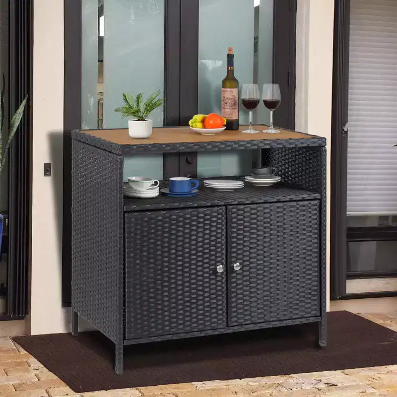 Aufbewahrungsschrank aus Harzgeflecht, vielseitiger Outdoor-/Indoor-Organizer mit geräumiger Tischplatte und Ablage, ideal für Terrasse, Garten, Pool oder Küche