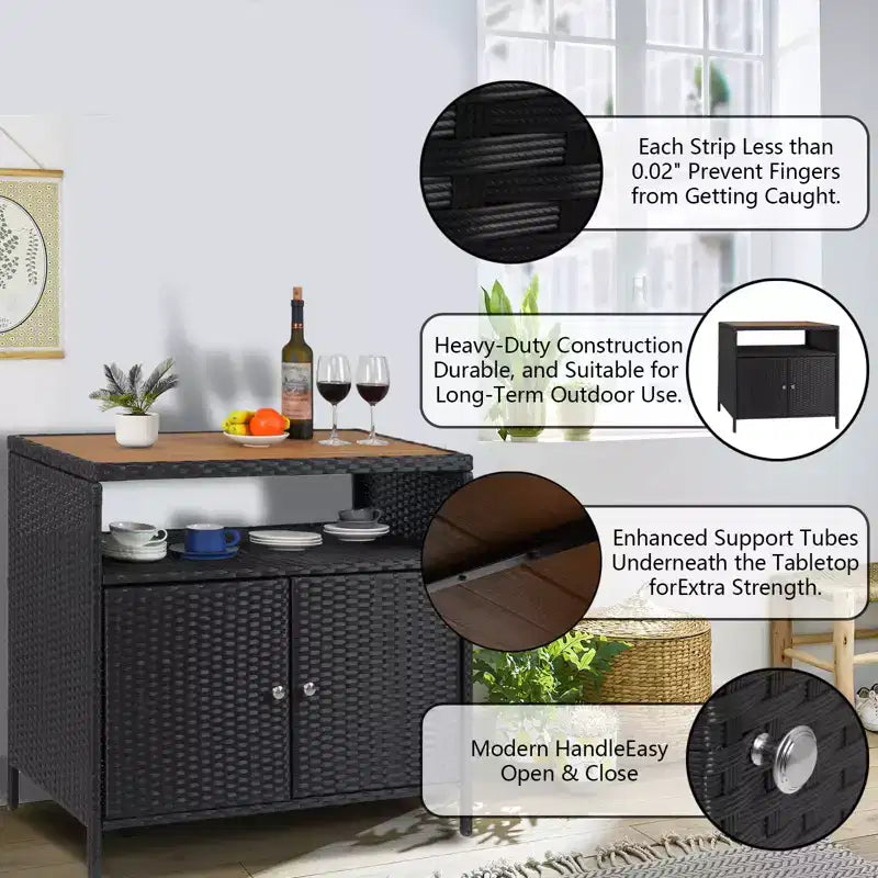 Aufbewahrungsschrank aus Harzgeflecht, vielseitiger Outdoor-/Indoor-Organizer mit geräumiger Tischplatte und Ablage, ideal für Terrasse, Garten, Pool oder Küche