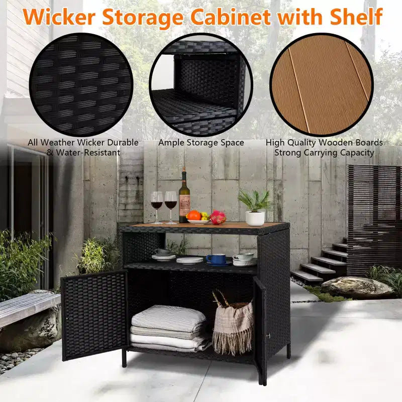 Aufbewahrungsschrank aus Harzgeflecht, vielseitiger Outdoor-/Indoor-Organizer mit geräumiger Tischplatte und Ablage, ideal für Terrasse, Garten, Pool oder Küche