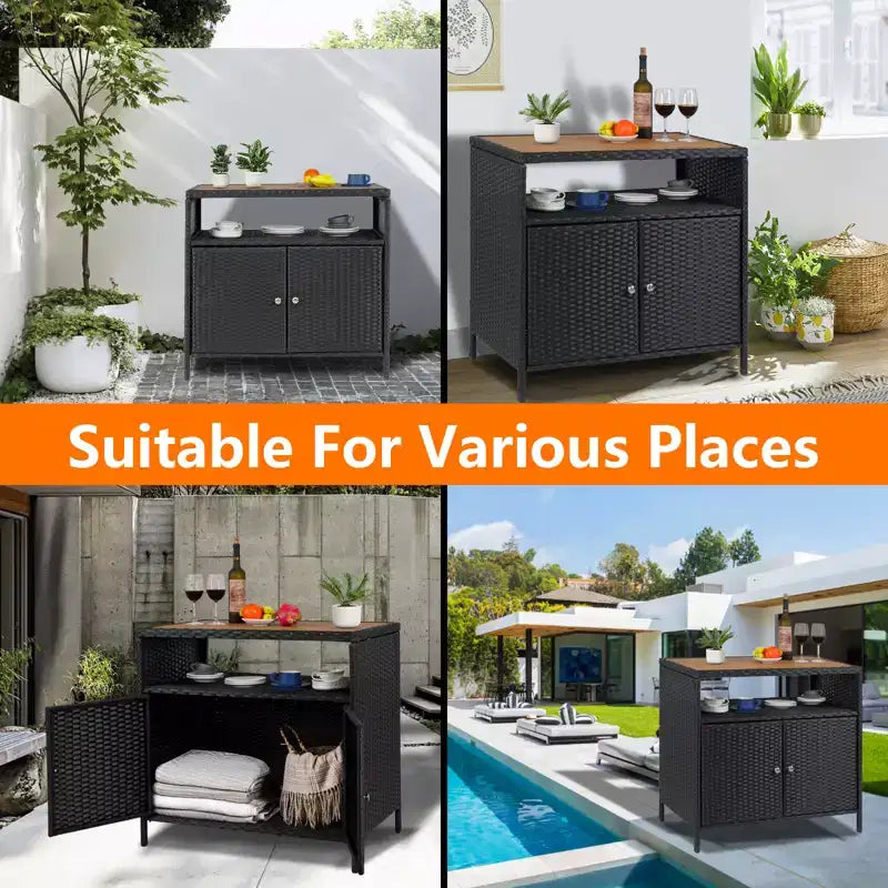 Aufbewahrungsschrank aus Harzgeflecht, vielseitiger Outdoor-/Indoor-Organizer mit geräumiger Tischplatte und Ablage, ideal für Terrasse, Garten, Pool oder Küche