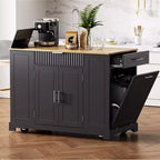 Pexfix Kitchen Island with Trash Can Storage Cabinet & Power Outlet & Storage Rack & 3 Drawer & 3 Open Side Racks for 10 Gallon Garbage Bin Black
