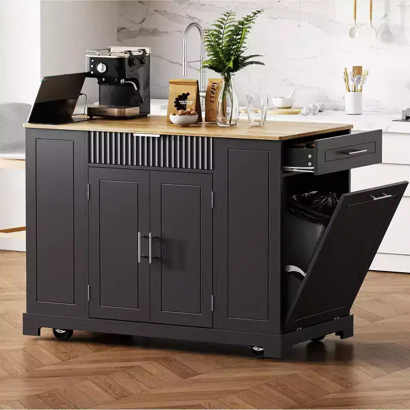 Pexfix Kitchen Island with Trash Can Storage Cabinet & Power Outlet & Storage Rack & 3 Drawer & 3 Open Side Racks for 10 Gallon Garbage Bin Black
