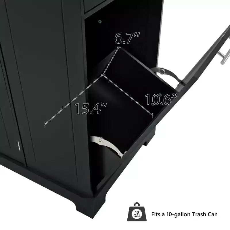 Pexfix Kücheninsel mit Mülleimer-Aufbewahrungsschrank & Steckdose & Ablageregal & 3 Schubladen & 3 offenen Seitenregalen für 38-Liter-Mülleimer, Schwarz