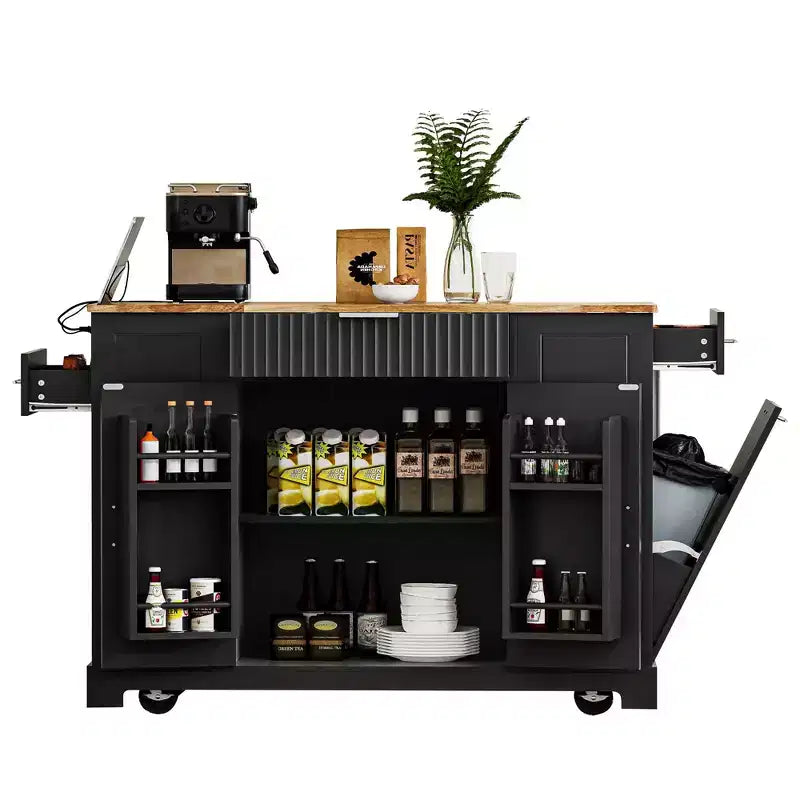 Pexfix Kücheninsel mit Mülleimer-Aufbewahrungsschrank & Steckdose & Ablageregal & 3 Schubladen & 3 offenen Seitenregalen für 38-Liter-Mülleimer, Schwarz