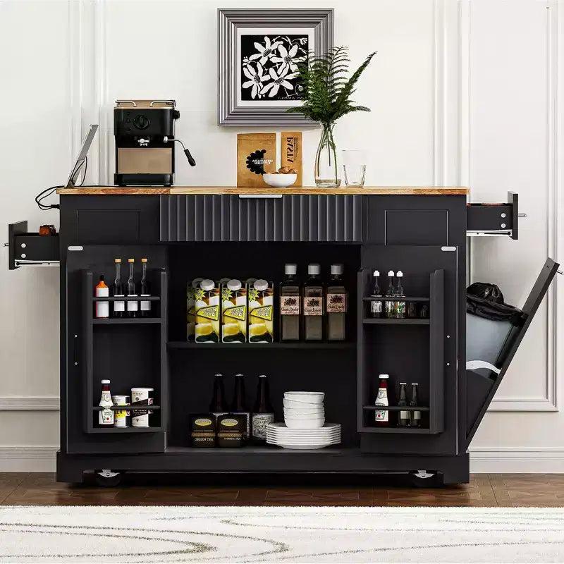 Pexfix Kücheninsel mit Mülleimer-Aufbewahrungsschrank & Steckdose & Ablageregal & 3 Schubladen & 3 offenen Seitenregalen für 38-Liter-Mülleimer, Schwarz