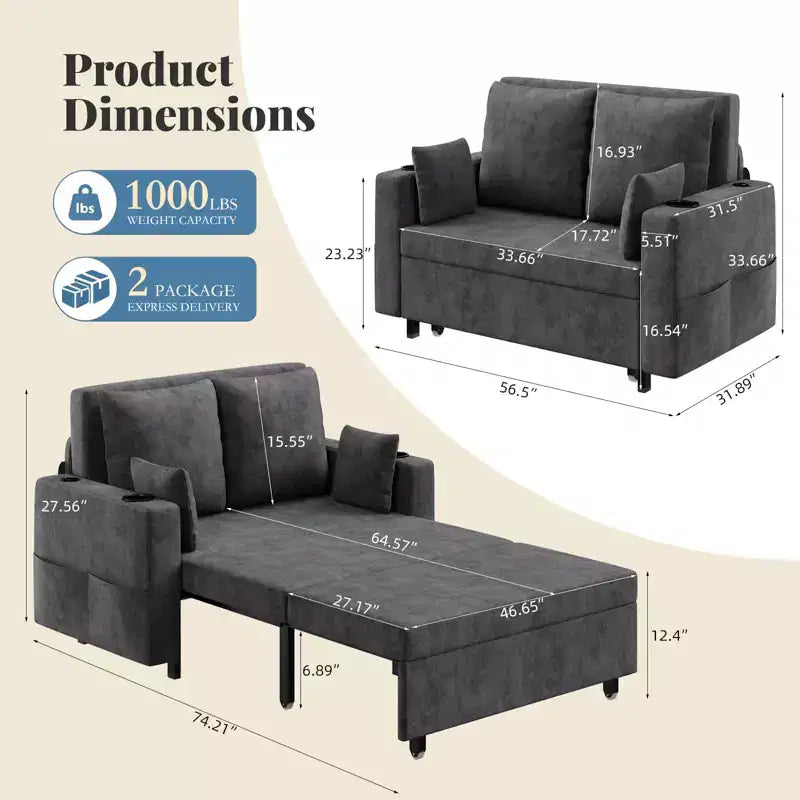 3-in-1 Schlafsofa, 56 Zoll breites Zweiersofa mit Schlaffunktion, ausziehbares Schlafsofa in voller Größe mit Getränkehaltern, für Wohnzimmer, Schlafzimmer, Apartment