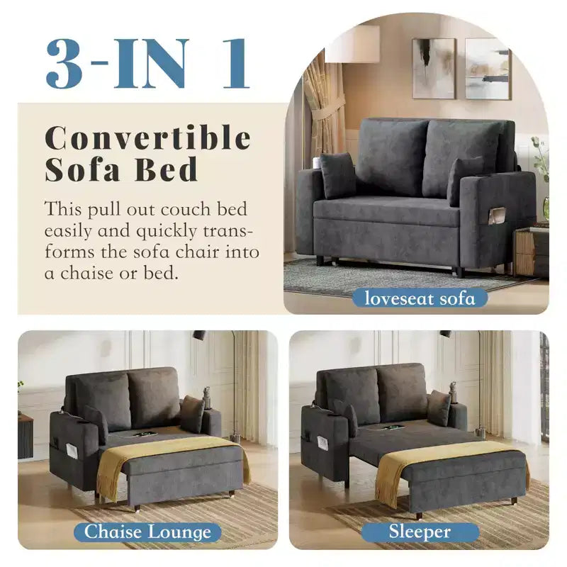 3-in-1 Schlafsofa, 56 Zoll breites Zweiersofa mit Schlaffunktion, ausziehbares Schlafsofa in voller Größe mit Getränkehaltern, für Wohnzimmer, Schlafzimmer, Apartment