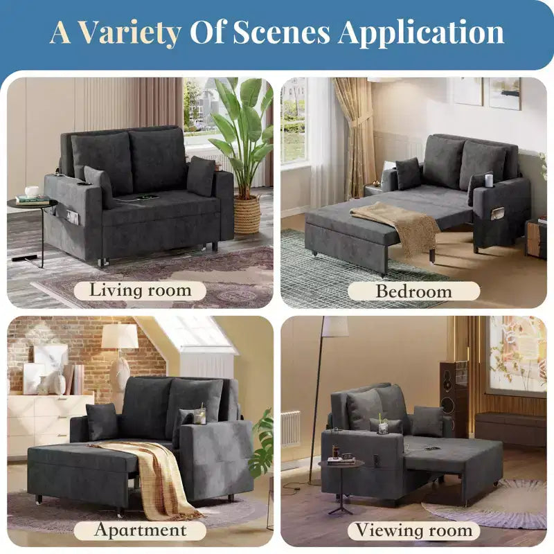 3-in-1 Schlafsofa, 56 Zoll breites Zweiersofa mit Schlaffunktion, ausziehbares Schlafsofa in voller Größe mit Getränkehaltern, für Wohnzimmer, Schlafzimmer, Apartment