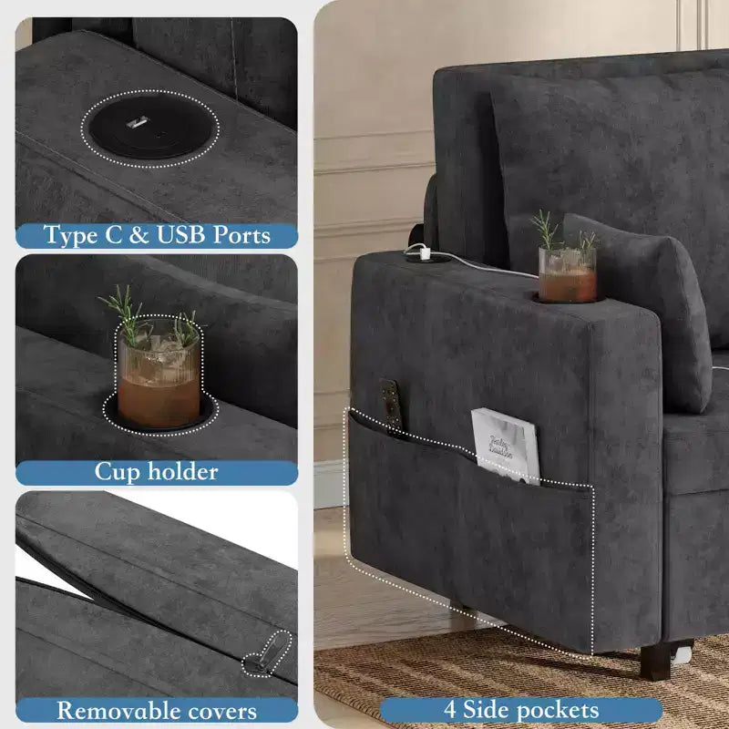 3-in-1 Schlafsofa, 56 Zoll breites Zweiersofa mit Schlaffunktion, ausziehbares Schlafsofa in voller Größe mit Getränkehaltern, für Wohnzimmer, Schlafzimmer, Apartment