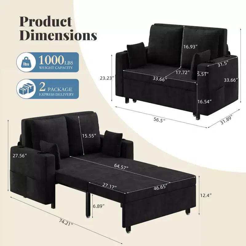 3-in-1 Schlafsofa, 56 Zoll breites Zweiersofa mit Schlaffunktion, ausziehbares Schlafsofa in voller Größe mit Getränkehaltern, für Wohnzimmer, Schlafzimmer, Apartment