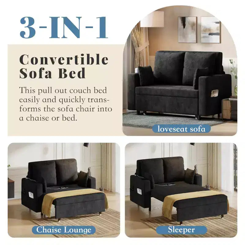 3-in-1 Schlafsofa, 56 Zoll breites Zweiersofa mit Schlaffunktion, ausziehbares Schlafsofa in voller Größe mit Getränkehaltern, für Wohnzimmer, Schlafzimmer, Apartment
