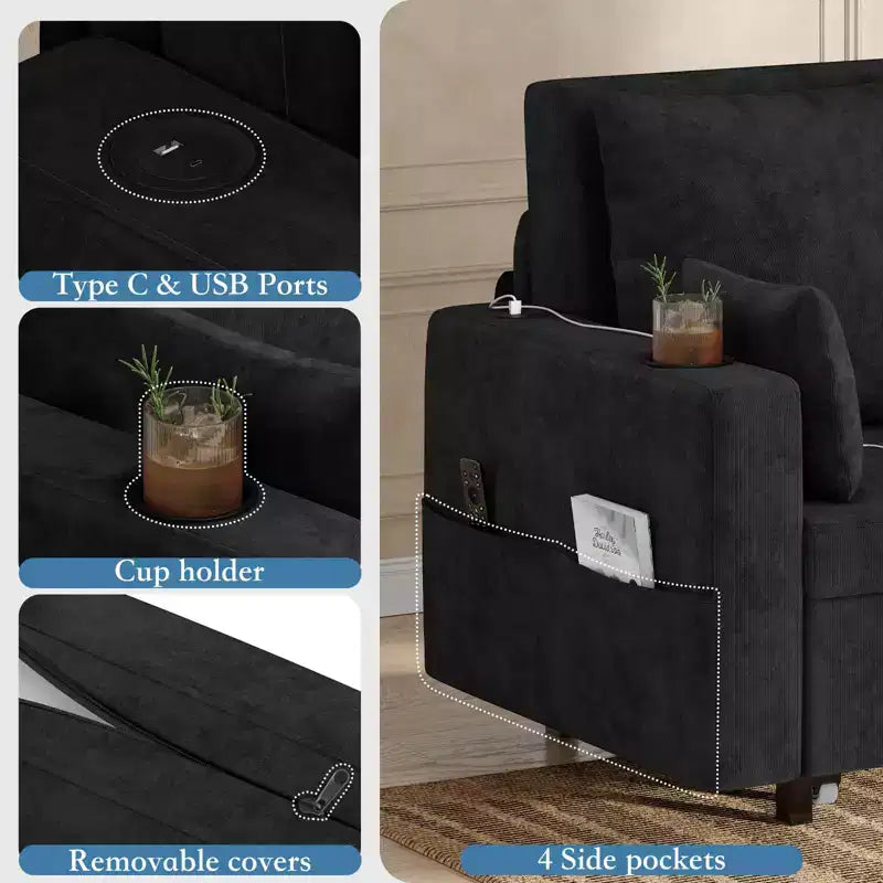 3-in-1 Schlafsofa, 56 Zoll breites Zweiersofa mit Schlaffunktion, ausziehbares Schlafsofa in voller Größe mit Getränkehaltern, für Wohnzimmer, Schlafzimmer, Apartment