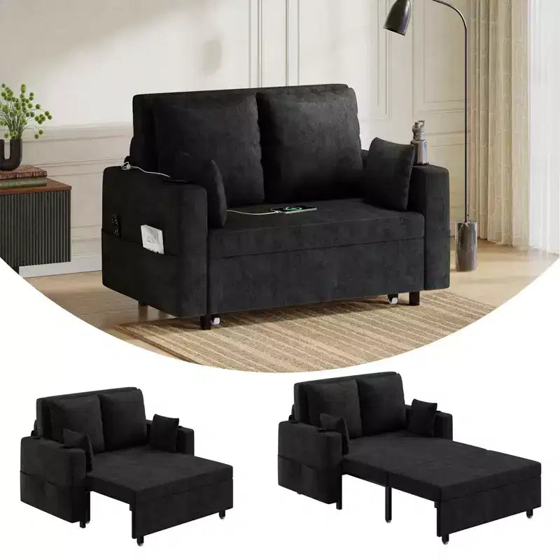 3-in-1 Pull-Out Couch, 56Loveseat Sleeper Sofa Bed, Full Size Pull Out Sofa Couch with Cup Holders, for Living Room, Bedroom, Apartment