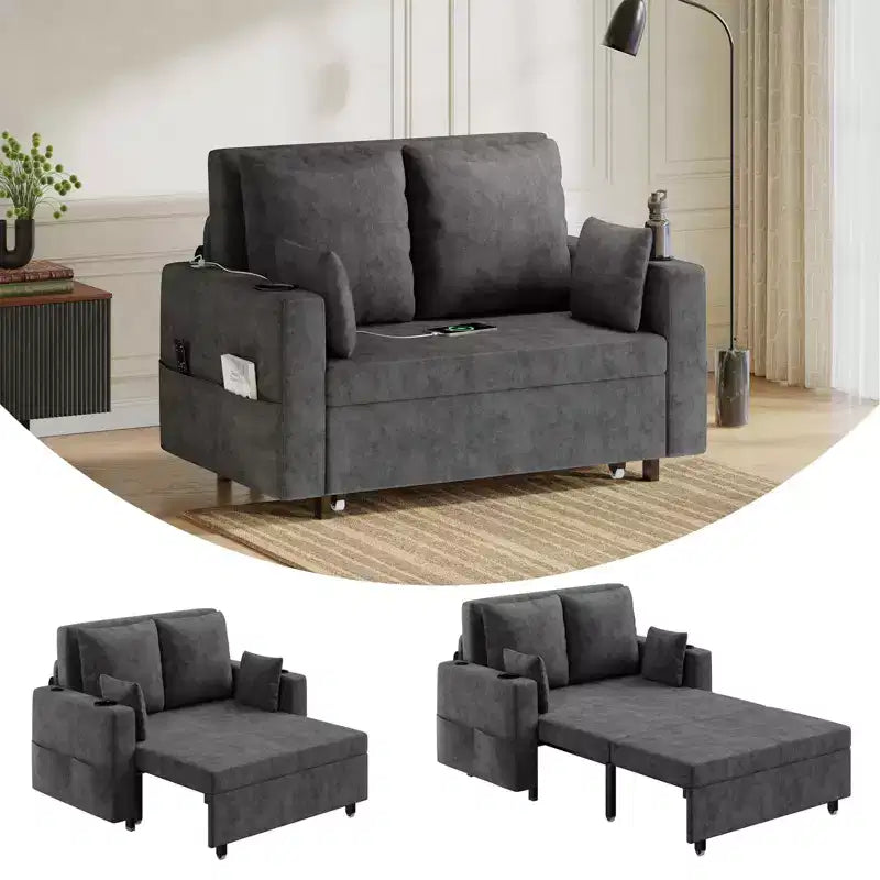 3-in-1 Schlafsofa, 56 Zoll breites Zweiersofa mit Schlaffunktion, ausziehbares Schlafsofa in voller Größe mit Getränkehaltern, für Wohnzimmer, Schlafzimmer, Apartment