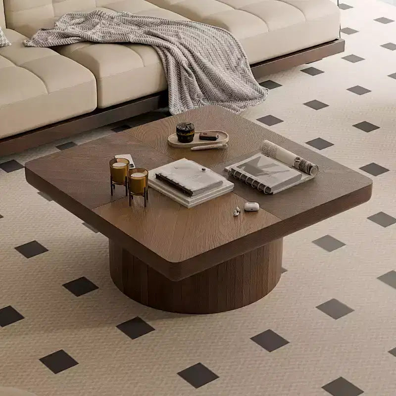 Okak Vintage Quadratischer Couchtisch mit geriffelter und Parkettmuster-Oberfläche, Couchtisch aus Massivholzfurnier für Wohnzimmer, Schlafzimmer