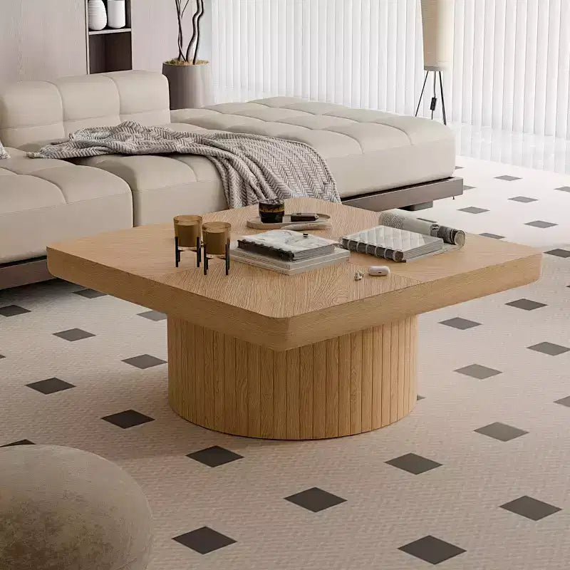 Okak Vintage Quadratischer Couchtisch mit geriffelter und Parkettmuster-Oberfläche, Couchtisch aus Massivholzfurnier für Wohnzimmer, Schlafzimmer