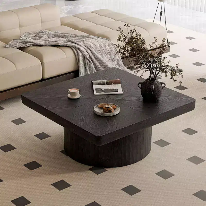 Okak Vintage Square Fluted Coffee Table with Parquet Pattern,Solid Wood Veneer Center Table for Living Room,Bedroom