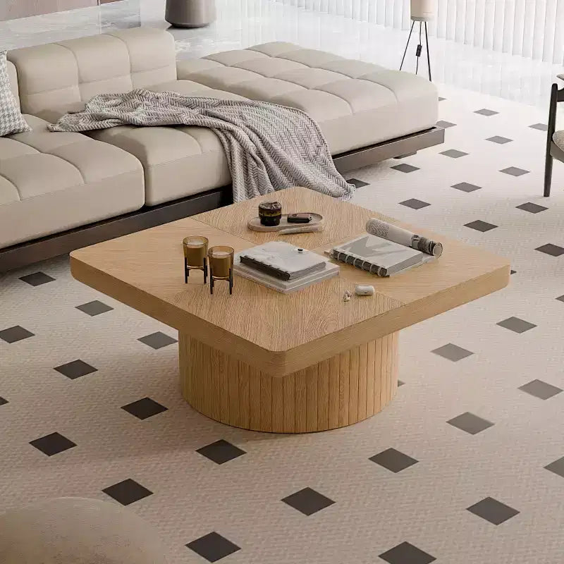 Okak Vintage Quadratischer Couchtisch mit geriffelter und Parkettmuster-Oberfläche, Couchtisch aus Massivholzfurnier für Wohnzimmer, Schlafzimmer