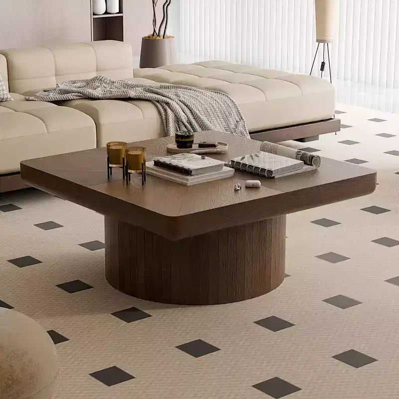 Okak Vintage Quadratischer Couchtisch mit geriffelter und Parkettmuster-Oberfläche, Couchtisch aus Massivholzfurnier für Wohnzimmer, Schlafzimmer