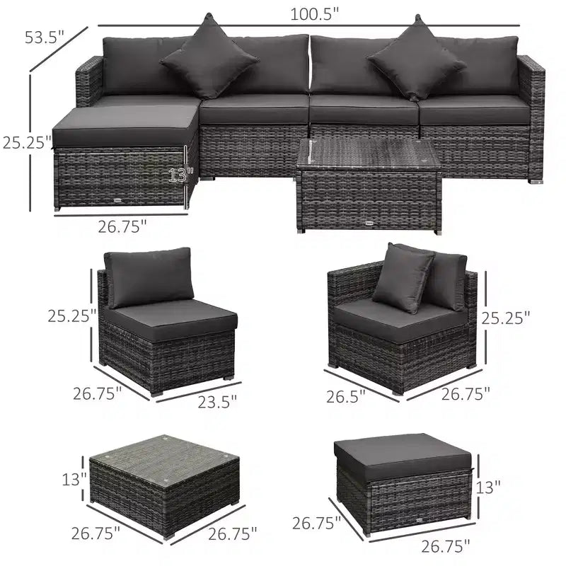 6-teiliges Terrassenmöbel-Set, Outdoor-Sitzgruppe aus Polyrattan, Allwetter-Sofa-Set mit Ottoman, Kissen und Tisch aus gehärtetem Glas
