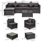 6-teiliges Terrassenmöbel-Set, Outdoor-Sitzgruppe aus Polyrattan, Allwetter-Sofa-Set mit Ottoman, Kissen und Tisch aus gehärtetem Glas