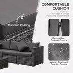 6-teiliges Terrassenmöbel-Set, Outdoor-Sitzgruppe aus Polyrattan, Allwetter-Sofa-Set mit Ottoman, Kissen und Tisch aus gehärtetem Glas