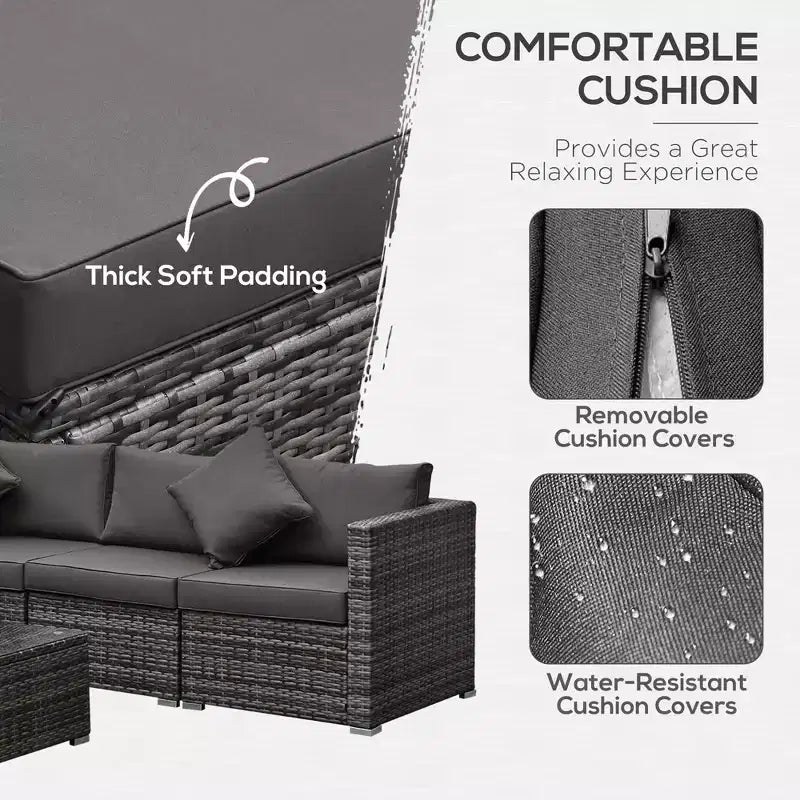 6-teiliges Terrassenmöbel-Set, Outdoor-Sitzgruppe aus Polyrattan, Allwetter-Sofa-Set mit Ottoman, Kissen und Tisch aus gehärtetem Glas