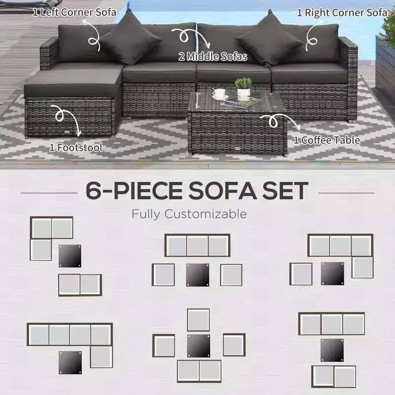 6-teiliges Terrassenmöbel-Set, Outdoor-Sitzgruppe aus Polyrattan, Allwetter-Sofa-Set mit Ottoman, Kissen und Tisch aus gehärtetem Glas