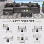 6-teiliges Terrassenmöbel-Set, Outdoor-Sitzgruppe aus Polyrattan, Allwetter-Sofa-Set mit Ottoman, Kissen und Tisch aus gehärtetem Glas