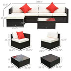 6-teiliges Terrassenmöbel-Set, Outdoor-Sitzgruppe aus Polyrattan, Allwetter-Sofa-Set mit Ottoman, Kissen und Tisch aus gehärtetem Glas