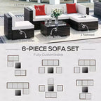 6-teiliges Terrassenmöbel-Set, Outdoor-Sitzgruppe aus Polyrattan, Allwetter-Sofa-Set mit Ottoman, Kissen und Tisch aus gehärtetem Glas