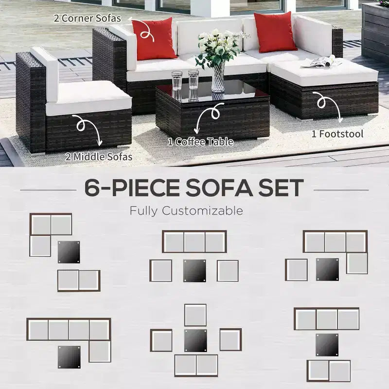 6-teiliges Terrassenmöbel-Set, Outdoor-Sitzgruppe aus Polyrattan, Allwetter-Sofa-Set mit Ottoman, Kissen und Tisch aus gehärtetem Glas