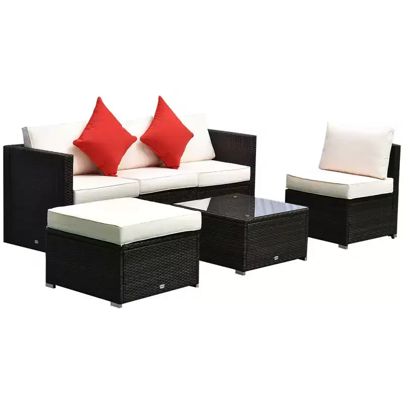 6 Piece Patio Furniture Set Outdoor Wicker Conversation Set All Weather PE Rattan Sectional Sofa Set with Ottoman, Cushions and Tempered Glass Table