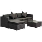 6-teiliges Terrassenmöbel-Set, Outdoor-Sitzgruppe aus Polyrattan, Allwetter-Sofa-Set mit Ottoman, Kissen und Tisch aus gehärtetem Glas