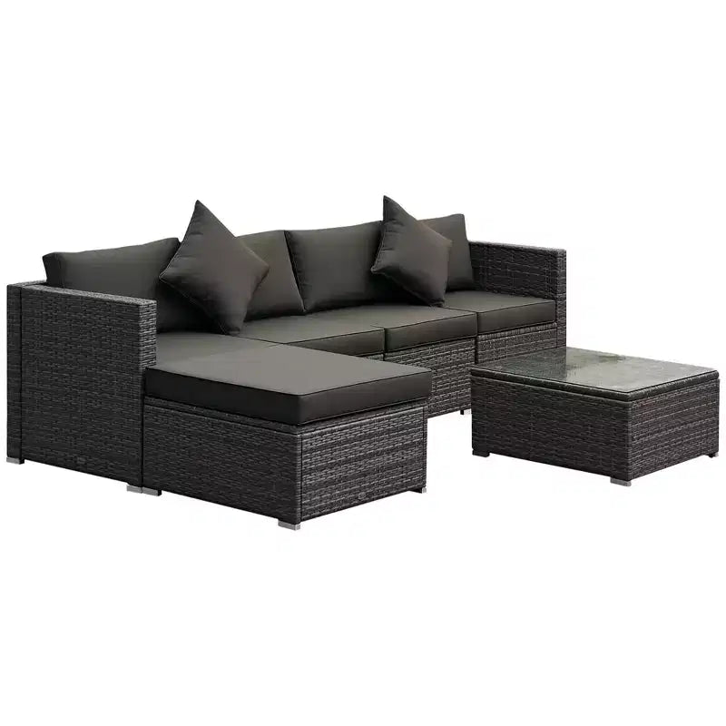 6-teiliges Terrassenmöbel-Set, Outdoor-Sitzgruppe aus Polyrattan, Allwetter-Sofa-Set mit Ottoman, Kissen und Tisch aus gehärtetem Glas