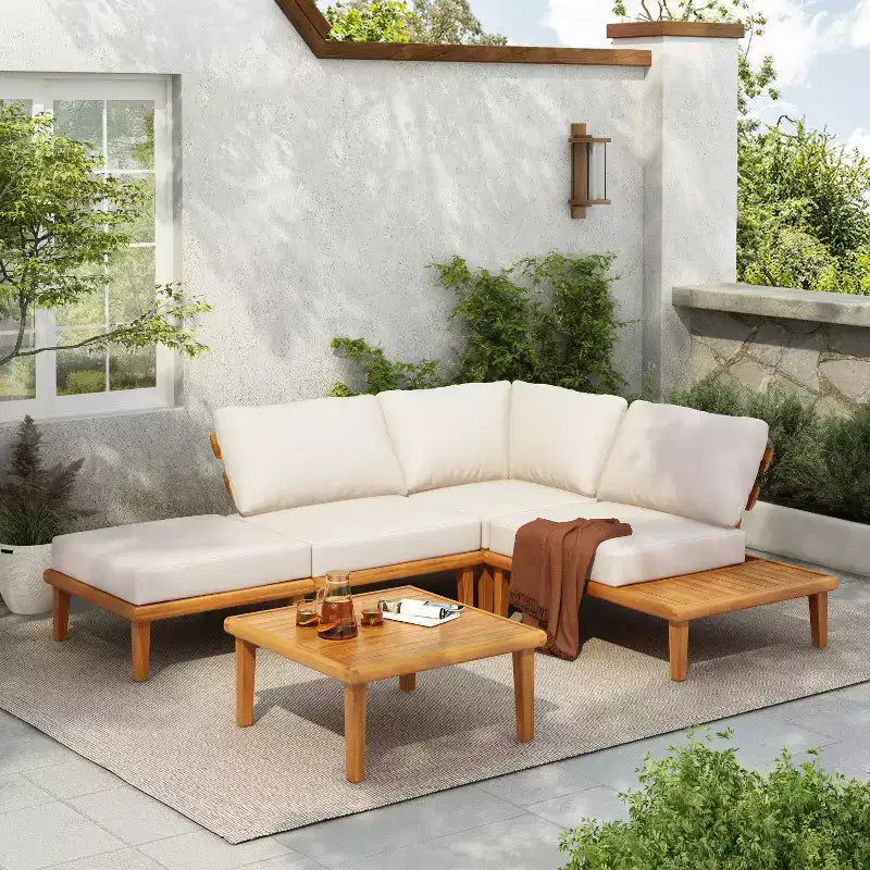 Christopher Knight Home Qevan 5 Piece Modern Outdoor Acacia Wood Sectional Sofa Set with Coffee Table