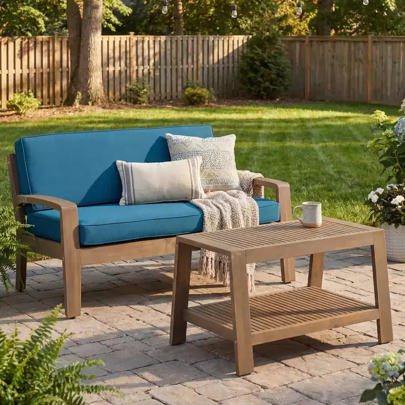 Christopher Knight Home Jela Transitional 2 Piece Patio Acacia Wood Loveseat and Coffee Table Set with Cushions