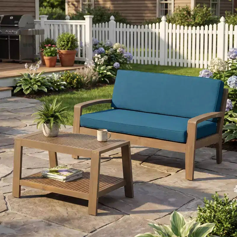 Christopher Knight Home Jela Übergangs-2-teiliges Terrassen-Set aus Akazienholz-Liegesofa und Couchtisch mit Kissen