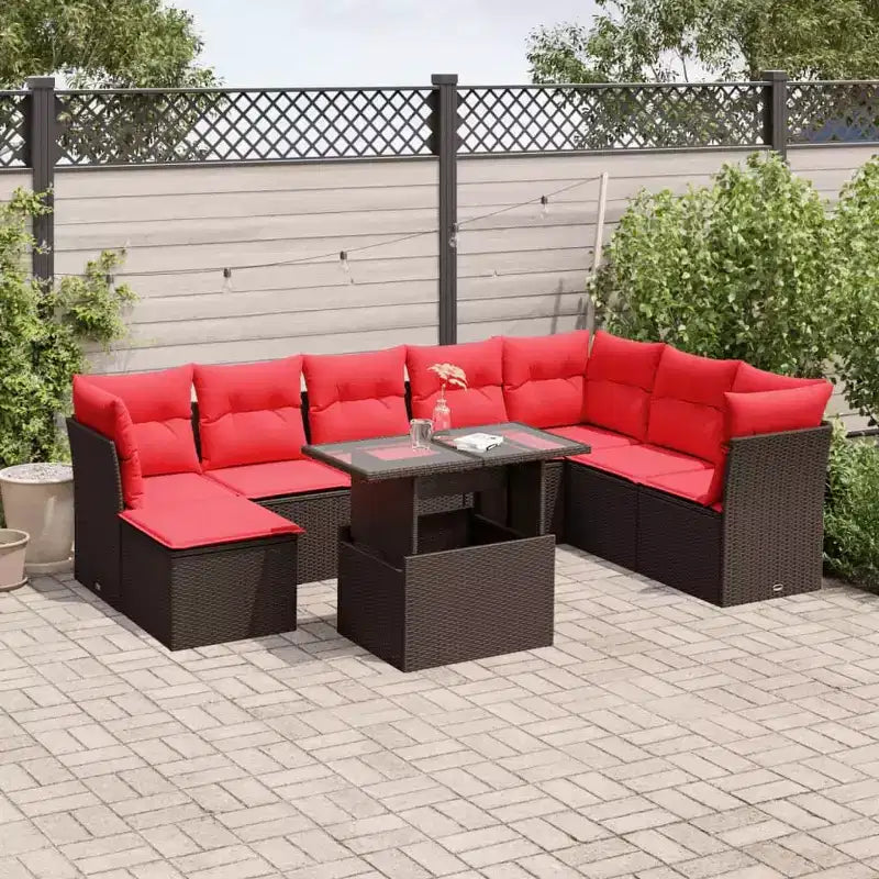 vidaXL Garten-Sofa-Set mit Kissen, modulares Outdoor-Sofa, 9-teilig, Polyrattan