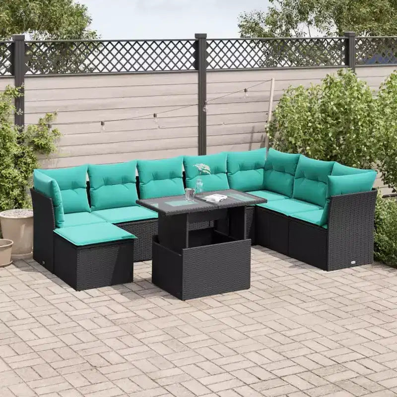 vidaXL Garten-Sofa-Set mit Kissen, modulares Outdoor-Sofa, 9-teilig, Polyrattan