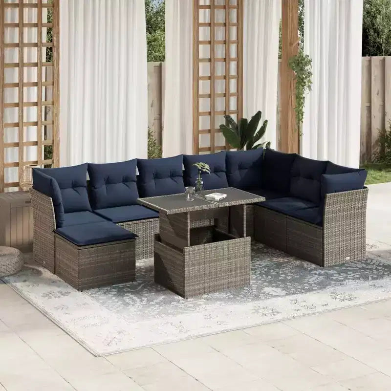 vidaXL Garten-Sofa-Set mit Kissen, modulares Outdoor-Sofa, 9-teilig, Polyrattan