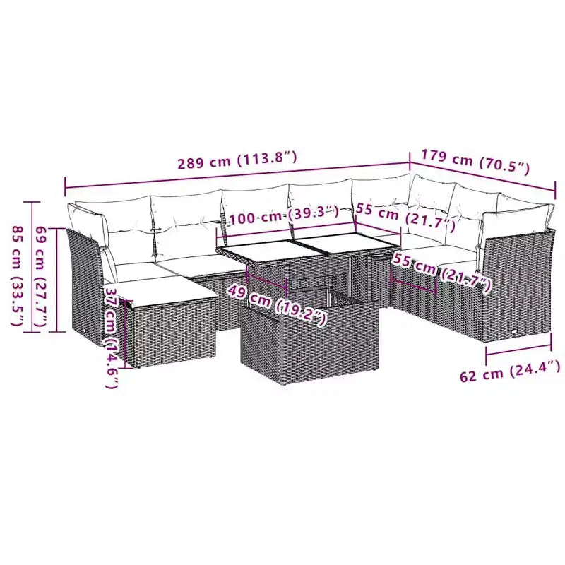 vidaXL Garten-Sofa-Set mit Kissen, modulares Outdoor-Sofa, 9-teilig, Polyrattan