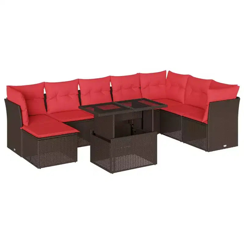 vidaXL Garten-Sofa-Set mit Kissen, modulares Outdoor-Sofa, 9-teilig, Polyrattan