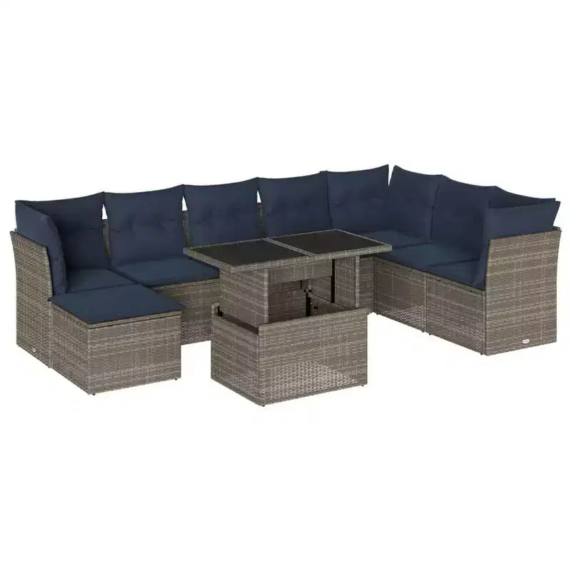 vidaXL Garten-Sofa-Set mit Kissen, modulares Outdoor-Sofa, 9-teilig, Polyrattan
