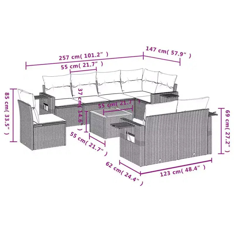 vidaXL 9-teiliges Gartensofa-Set mit Kissen Schwarz Polyrattan