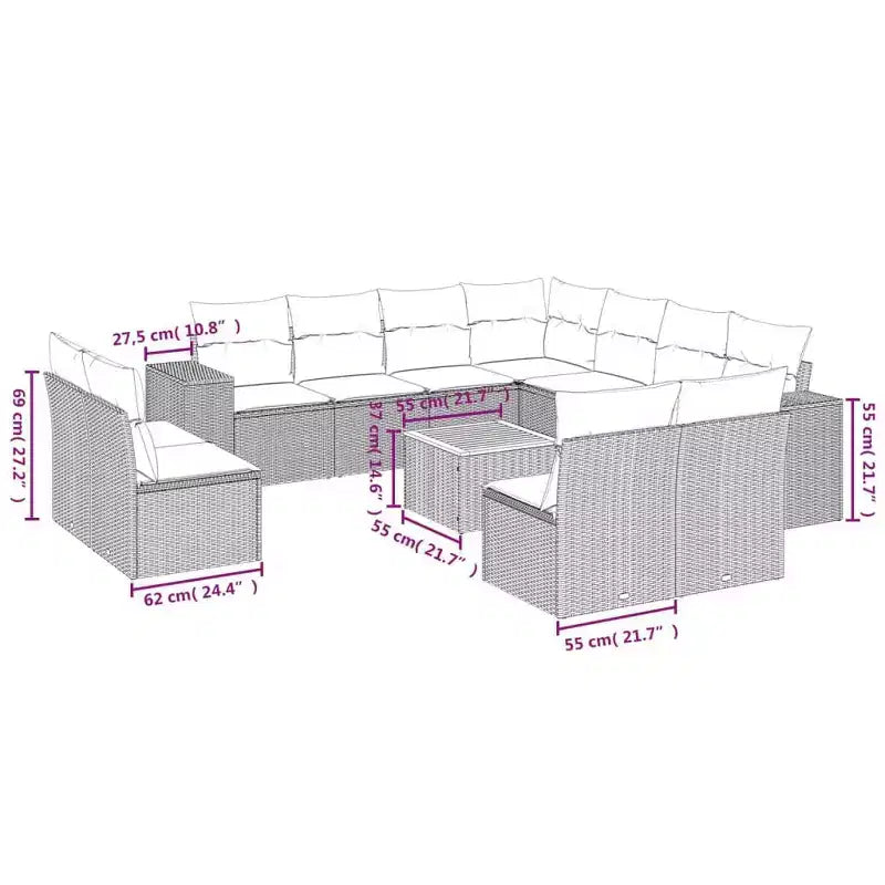 vidaXL 12-teiliges Garten-Sofa-Set mit Kissen Schwarz Polyrattan