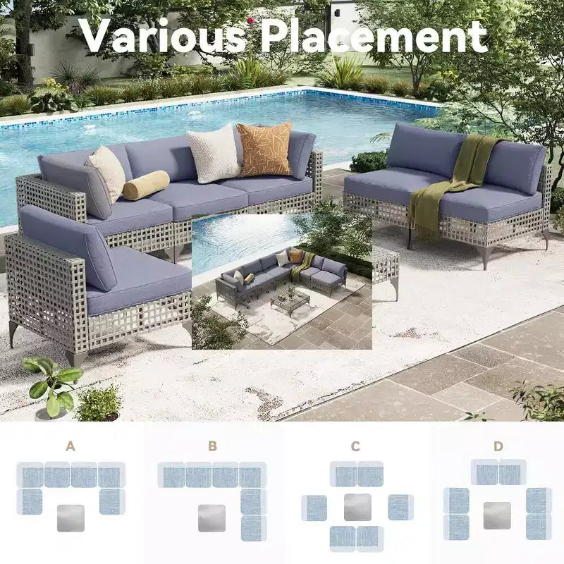 Mondawe 7-teiliges Gartenmöbel-Set aus Vintage-Grau-Rattan mit Kissen und Couchtisch